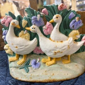 Whimsical White Duck Garden Accent Figurine with Pastel Flowers door stop cast